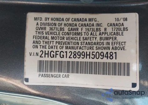 2009 Honda Civic Ex z USA, uszkodzony, nr VIN 2HGFG12899H509481